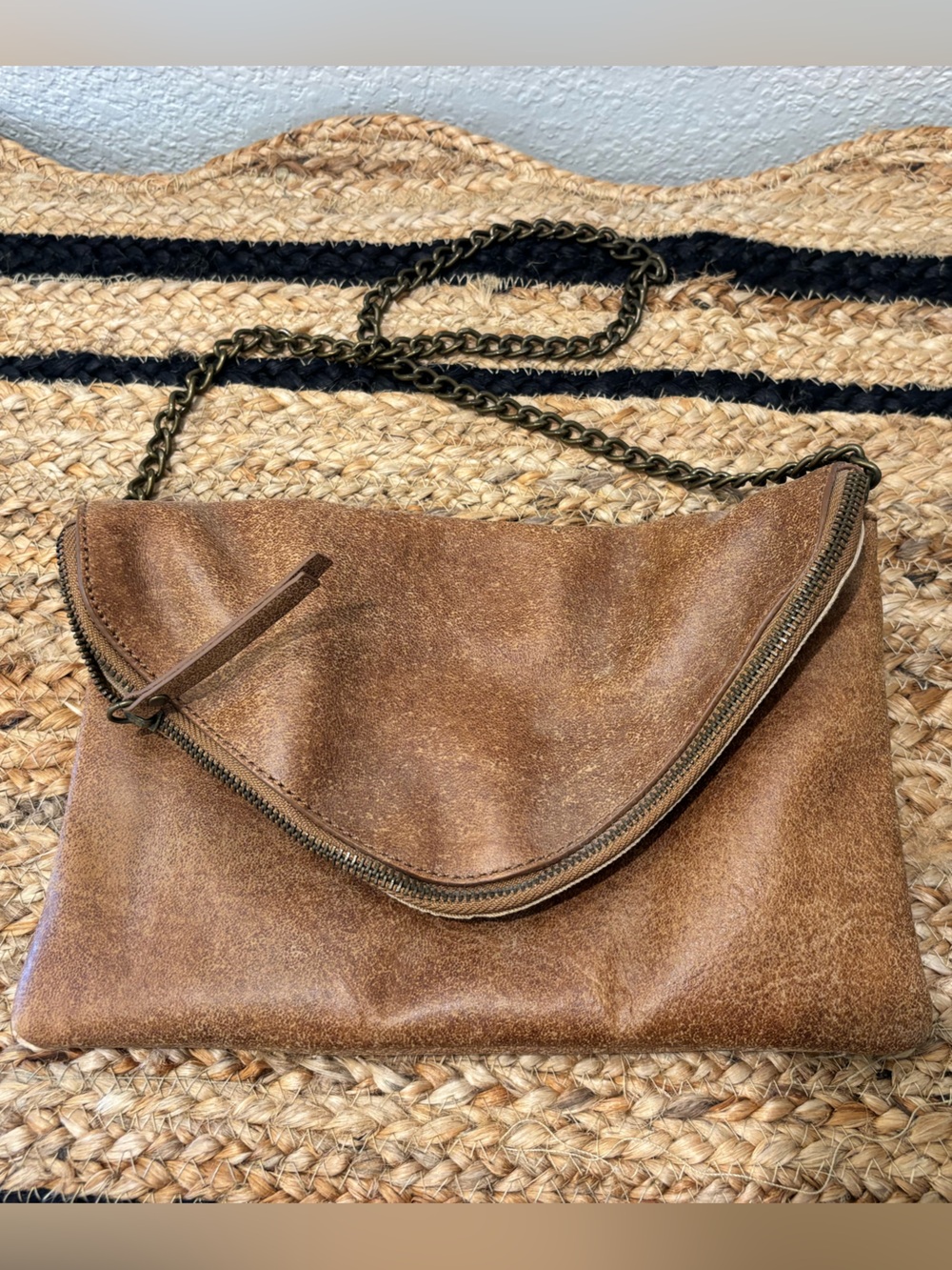 J. Crew Brown Leather Fold-Over Clutch with Chain Strap